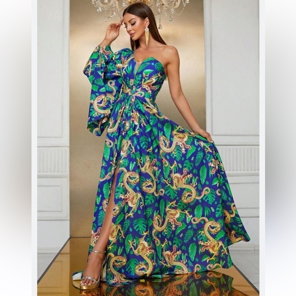 Giffniseti Dresses & Skirts - New Giffniseti Dragon Shoulder Bridesmaid Maxi Dress Gown Kimono Blue Orange